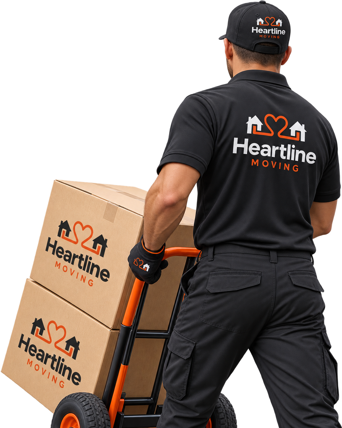 Heartline mover in uniform wheeling branded moving boxes on a hand truck