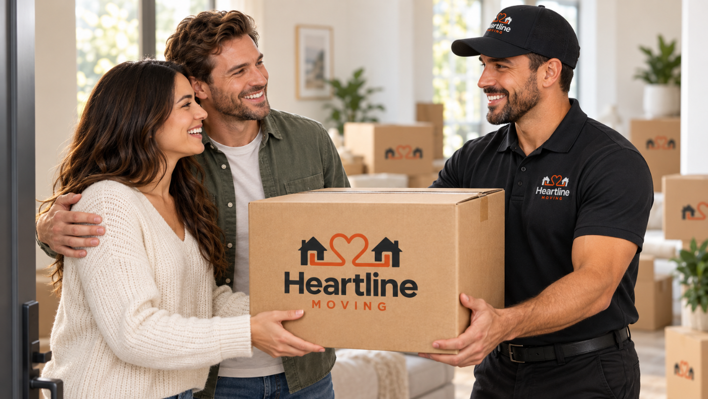 A couple receiving a Heartline Moving box from a mover inside their new home