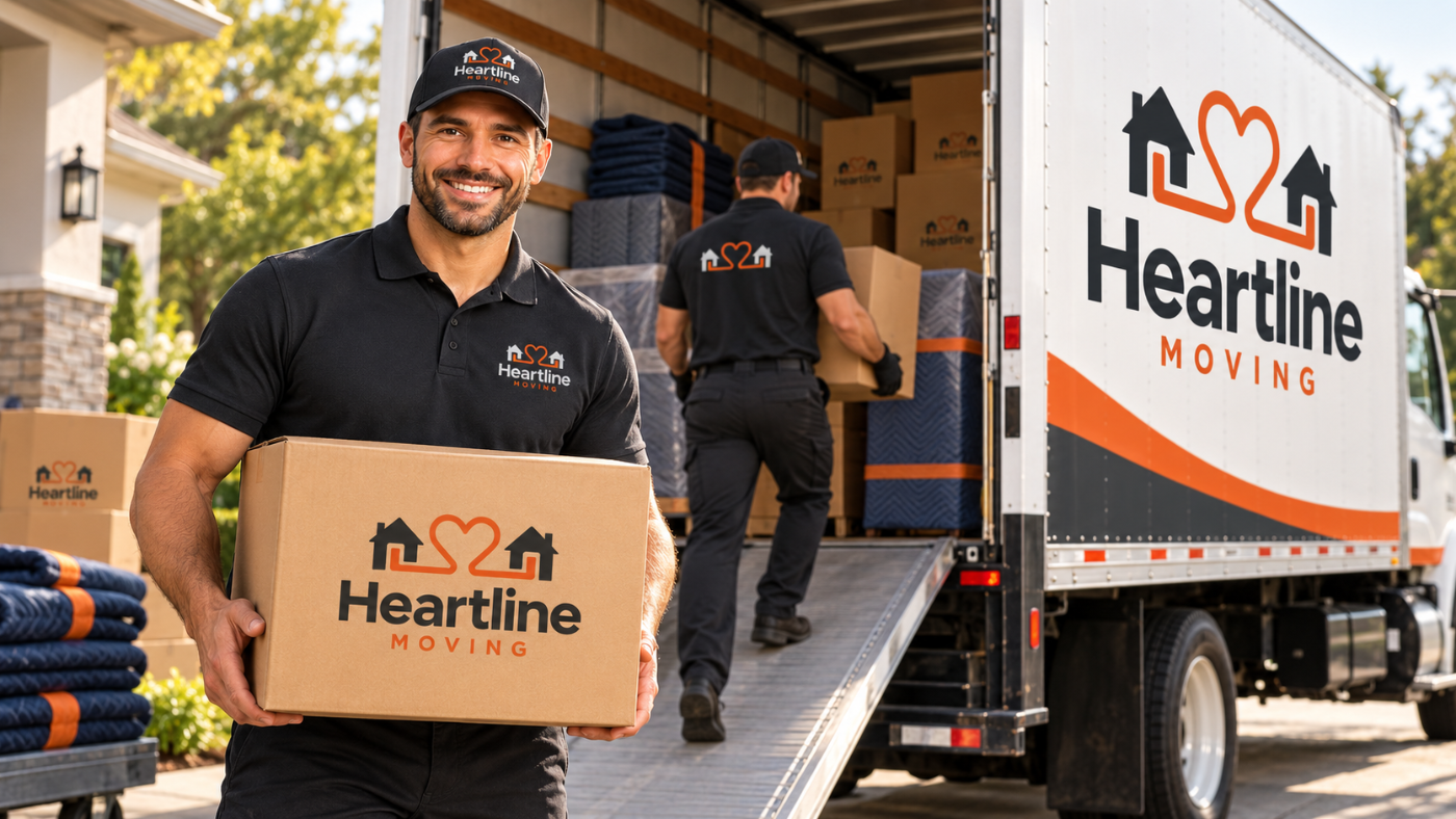 Heartline Moving crew loading protected furniture into a branded truck outside a home