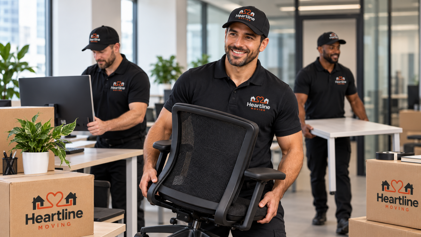 Heartline mover carrying an office chair through an open-plan office during a commercial move