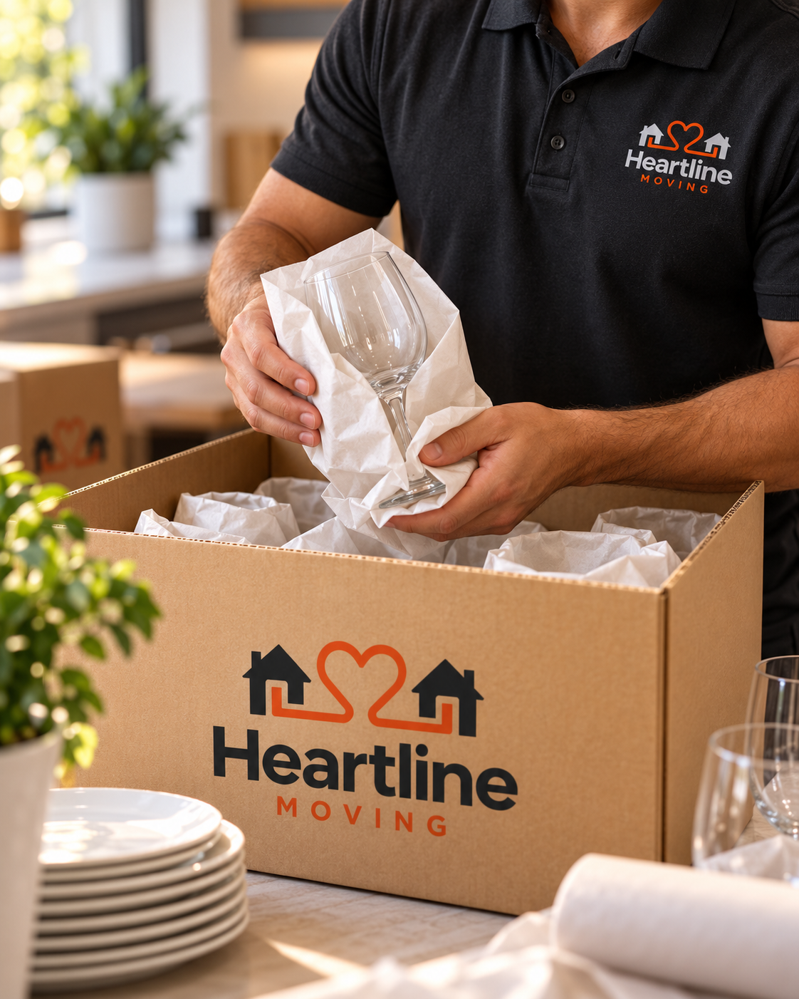 Heartline mover wrapping a wine glass in packing paper before placing it in a box