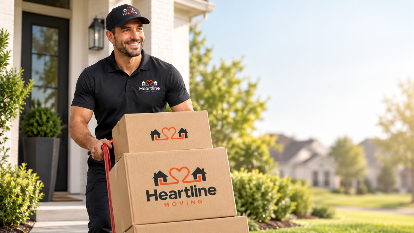 Heartline mover bringing boxes up to a front door on a hand truck